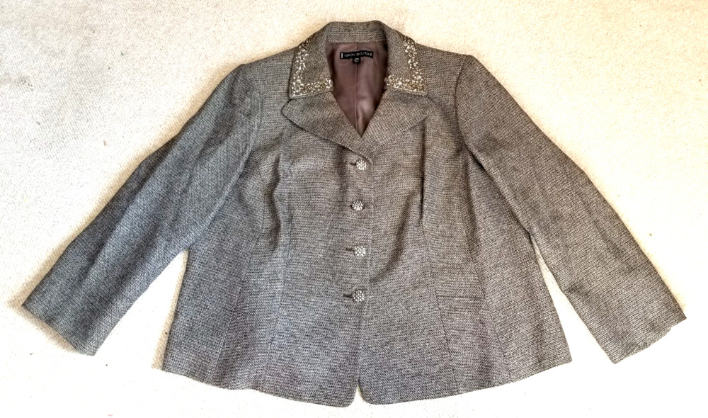 Womens Jacket-NIPON BOUTIQUE-brown/metallic tweed beaded blazer Old Money-22W